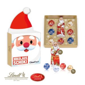 Lindt Schokoladenmischung in der Werbebox mit Logo individuell bedruckt auf der Werbebox als Werbeartikel.