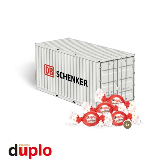 3D Weihnachtspräsent als Container mit Duplo Knusperperlen und mit Logo individuell bedruckt als Werbeartikel.