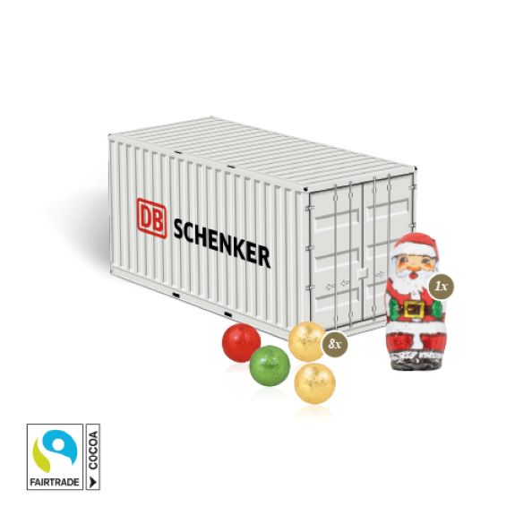 3D Weihnachtspräsent als Container mit Fairtrade Only Schokoladenmischung und mit Logo individuell bedruckt als Werbeartikel.