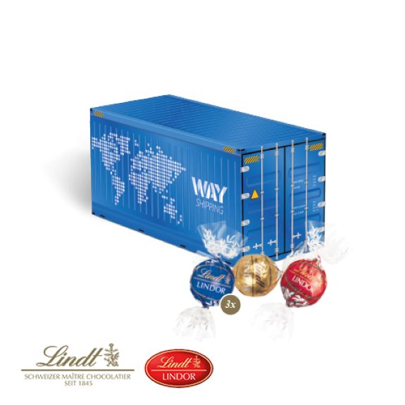 3D Weihnachtspräsent als Container mit Lindt Lindor Pralinés-Kugeln und mit Logo individuell bedruckt als Werbeartikel.
