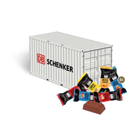 3D Weihnachtspräsent als Container mit Lindt Hello Mini-Sticks und mit Logo individuell bedruckt als Werbeartikel.