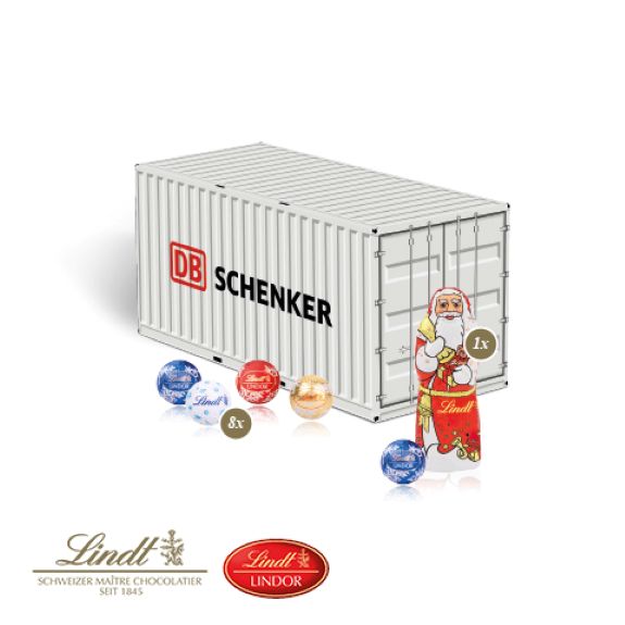 3D Weihnachtspräsent als Container mit Lindt Schokoladenmischung und mit Logo individuell bedruckt als Werbeartikel.