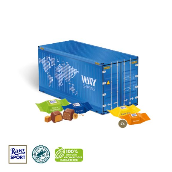 3D Weihnachtspräsent als Container mit Ritter Sport Schokowürfel und mit Logo individuell bedruckt als Werbeartikel.
