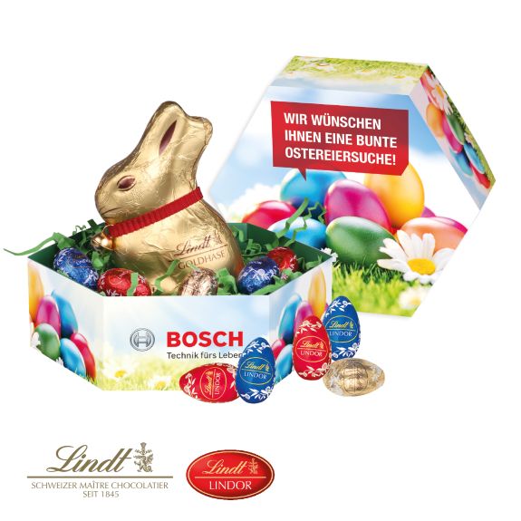 Lindt Osternest mit Logo individuell bedruckt als Werbegeschenk zu Ostern.