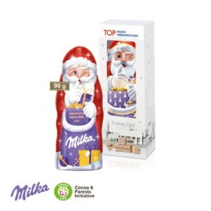 Milka Weihnachtsmann 90g in Werbebox mit Logo individuell bedruckt als Werbeartikel.
