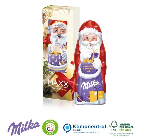 Milka Weihnachtsmann 90 g in der Werbebox mit individuellem Druck als Werbegeschenk.