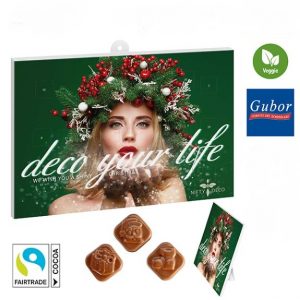 Adventskalender mit Gubor Fairtrade Schokolade und individuellem Druck als Werbeartikel.