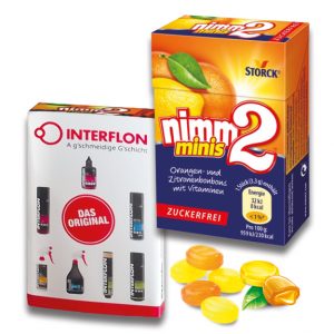 Nimm2 minis zu 50 g in einer Box mit einer individuell bedruckten Werbebanderole.