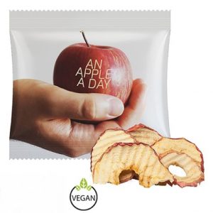 Apfelchips in Werbetüte 15 g mit individuellem Druck als Werbeartikel.