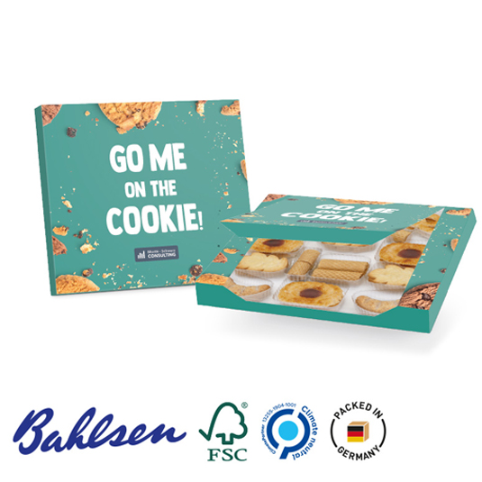 Bahlsen Kekse in Werbebox individuell bedrucken mit Ihrem Logo als Werbeartikel.