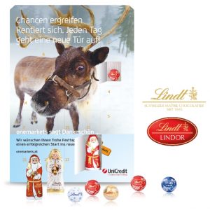 Adventskalender mit Lindor Kugeln und Lindt Weihnachtsmann und Engel als Werbegeschenk.