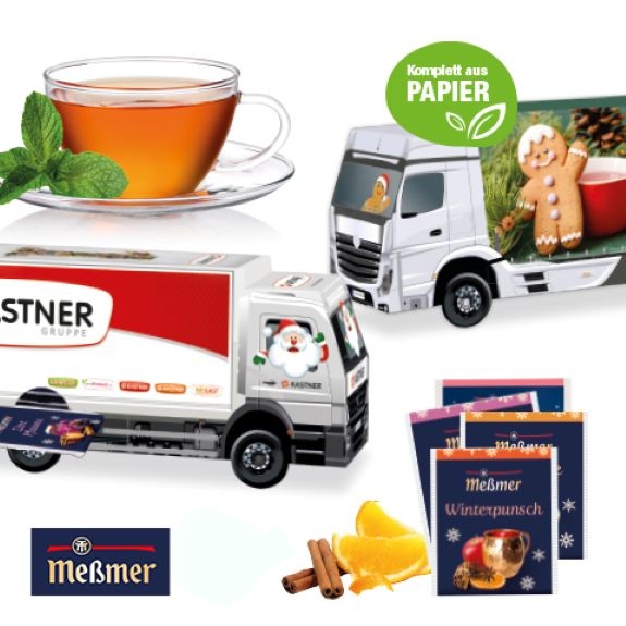 3D Adventskalender als LKW mit Meßmer Teebeutel und mit Logo individuell bedruckt als Werbeartikel.