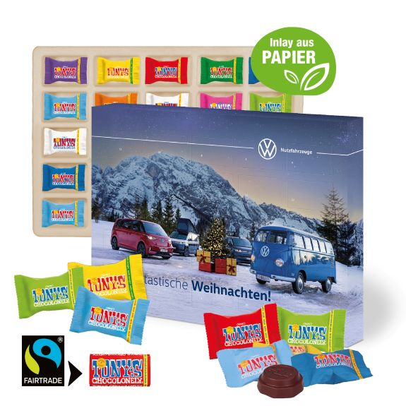 Adventskalender mit Tony's Schokolade und individuell mit Logo bedruckt als Werbeartikel.