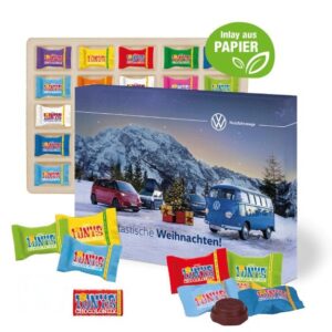 Adventskalender mit Tony's Schokolade und individuell mit Logo bedruckt als Werbeartikel.