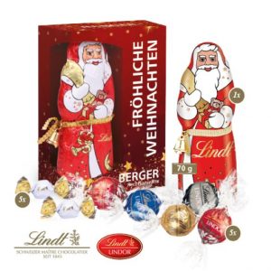 Lindt Premium Präsent Weihnachtsverpackung mit Lindt Weihnachtsmischung und mit Logo individuell bedruckt als Werbeartikel.