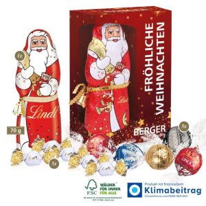 Lindt Premium Präsent mit Lindt Weihnachtsmann und Lindor Pralines Kugeln mit individuellem Druck als Werbeartikel.