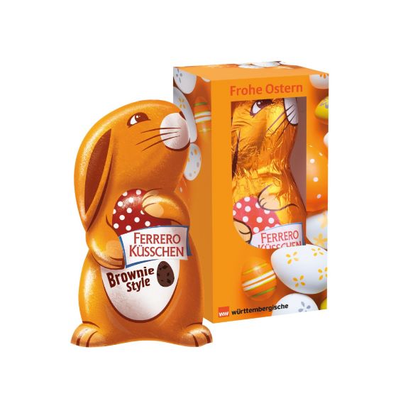 Ferrero Küsschen Osterhase 70g in Werbebox mit individuellem Druck als Werbeartikel.