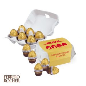 Ferrero Rocher Ostereier aus Schokolade, verpackt zu 6 Stück im Eierkarton, mit Logo individuell bedruckt als Werbeartikel.