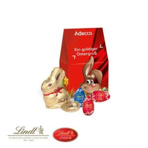 Osterpräsent mit Lindt- oder Klett-Schokoladenmischung mit Logo individuell bedruckt als Werbeartikel.