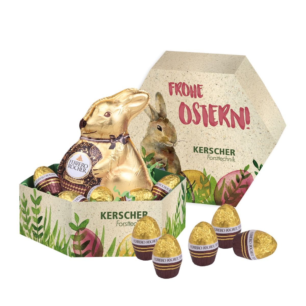 Ferrero Rocher Osternest mit individuellem Druck als Werbeartikel.