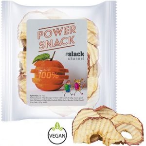Getrocknete Apfelstücke mit Logo bedruckt als Werbeartikel.