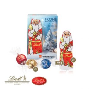 Lindt Premium Präsent mit Lindt Schokoladenmischung und mit Logo individuell bedruckt als Werbegeschenk.