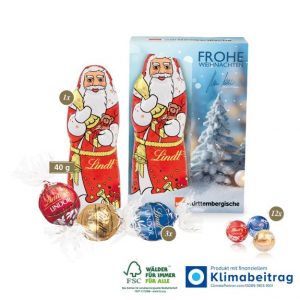 Lindt Premium Präsent mit Lindt Weihnachtsmischungen und individuellem Druck als Werbegeschenk.