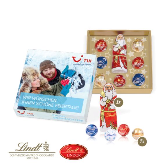 Lindt Weihnachtsmix in einer Werbebox mit Logo individuell bedruckt als Werbeartikel.
