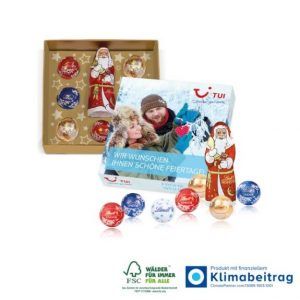 Lindt Weihhachtsmix mit Lindt Weihnachtsmann und Lindor-Kugeln und mit Logo bedruckt als Werbeartikel.
