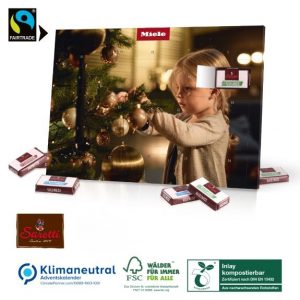 Tisch Adventskalender mit Fairtrade Sarotti Schokolade und individuellem Druck als Werbeartikel.