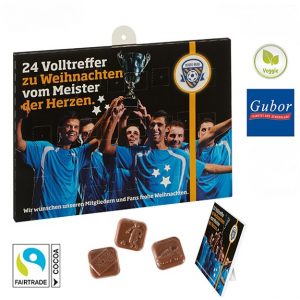 Adventskalender mit Gubor Fairtrade Fußball Schokolade mit individuellem Druck als Werbeartikel.