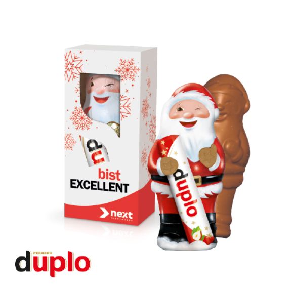 duplo Weihnachtsmann in der Werbebox mit Ihrem Logo bedruckt als Werbeartikel.