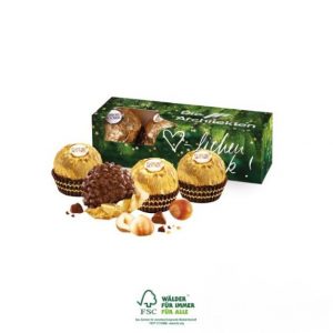 Ferrero Rocher zu 3 Stück in einer Werbebox als Werbeartikel.