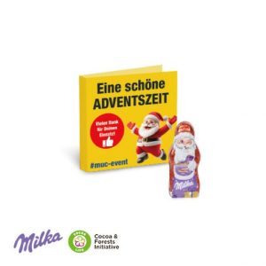Klappkarte mit Logo individuell bedruckt und mit Schoko Weihnachtsmann von Milka als Werbeartikel.