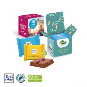 Ritter Sport mini im Werbewürfel mit Logo individuell bedruckt als Werbeartikel.