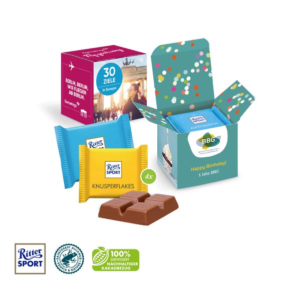Ritter Sport mini im Werbewürfel mit Logo individuell bedruckt als Werbeartikel.