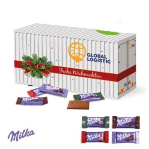 3D Adventskalender mit Milka-Taefelchen und mit Logo individuell bedruckt als Werbeartikel.