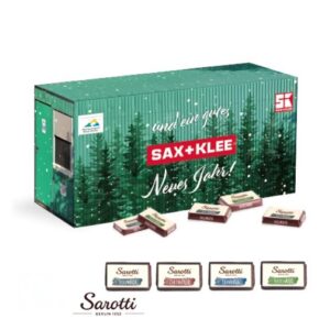 3D Adventskalender Container mit Sarotti-Täfelchen mit Fairtrade Kakao und mit Logo individuell bedruckt als Werbeartikel.