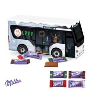 3D Adventskalender als Bus mit Milka-Täfelchen und Logo individuell bedruckt als Werbeartikel.