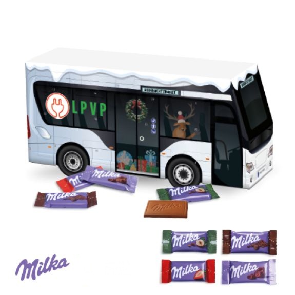 3D Adventskalender als Bus mit Milka-Täfelchen und Logo individuell bedruckt als Werbeartikel.