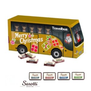 3D Adventskalender als LKW mit Sarotti Schoko-Täfelchen mit Fairtrade-Kakao und mit Logo individuell bedruckt als Werbeartikel.