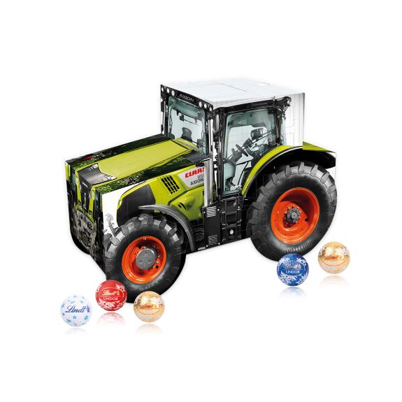 3D Adventskalender in einer individuellen Kalenderform als Traktor, gefüllt mit Lindor Schoko-Kugeln.