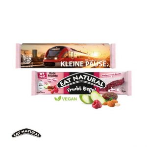 Eat Natural Frucht-Riegel, vegan, im Werbeschuber, individuell mit Logo bedruckt als Werbeartikel.