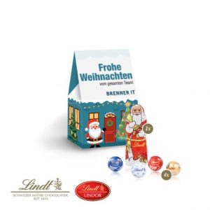 Weihnachtshaus mit Lindt + duplo + Only Fairtrade Schokolade als Werbeartikel.
