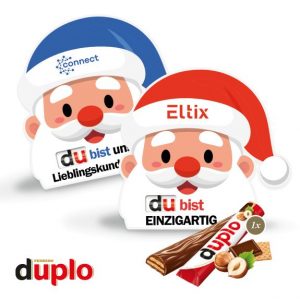 Duplo Riegel in Nikolaus-Werbekarte mit Logo individuell bedruckt als Werbeartikel.