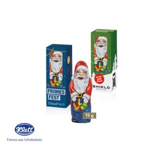 Klett Weihnachtsmann in der Werbebox mit Logo individuell bedruckt als Werbemittel.