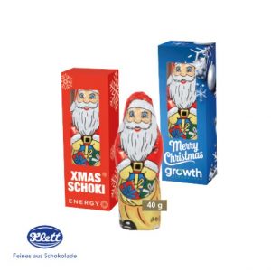 Klett Weihnachtsmann 40 g in der Werbebox, individuell bedruckt mit Logo als Werbeartikel.