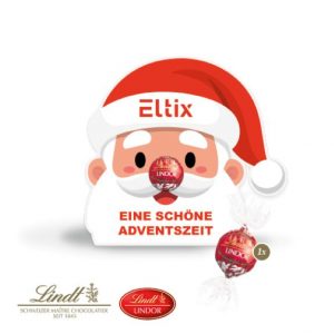 Lindor Pralinés-Kugel auf Weihnachtsmann-Verpackung mit Logo individuell bedruckt als Werbeartikel.