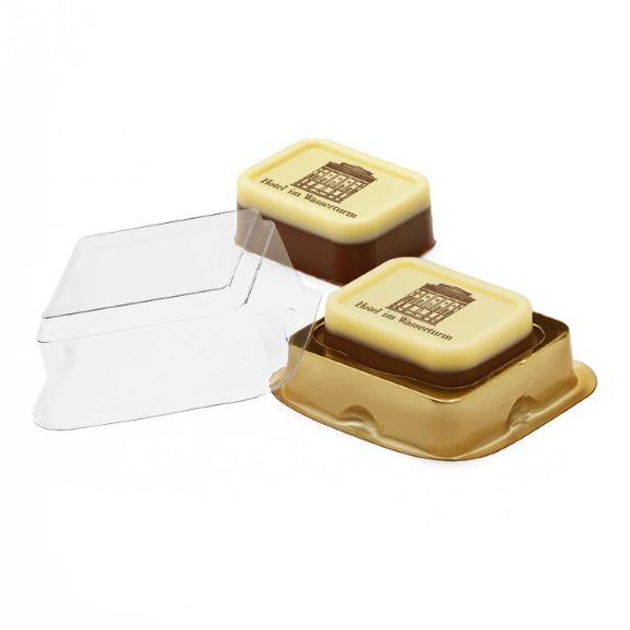 Praline mit Logo in Vollmilch direkt auf der Schokolade bedruckt als Werbemittel.