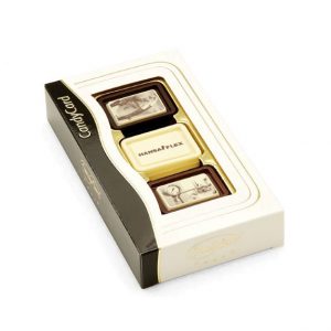 Schoko-Täfelchen in Vollmilch, Zartbitter und weiße schokolade mit Logo direkt auf der Schokolade bedruckt als Werbeartikel.